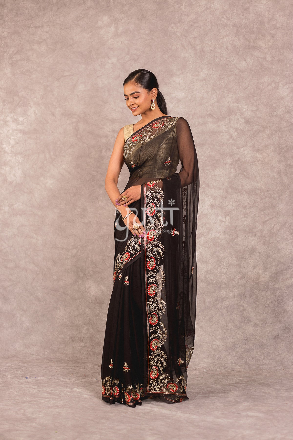 Black Viscose Chiffon Aari resham work Saree