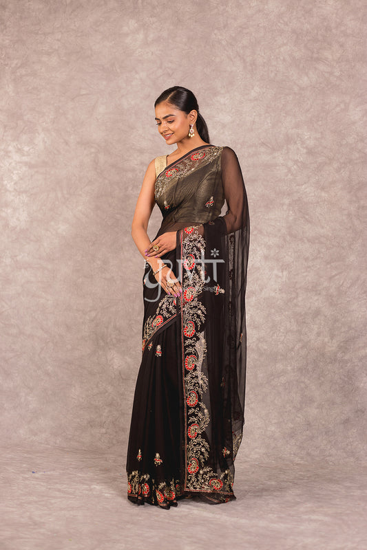 Black Viscose Chiffon Aari Resham Work Saree