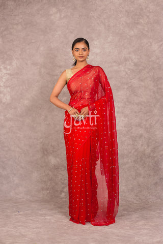 Red Viscose Chiffon Kundan Resham work Saree