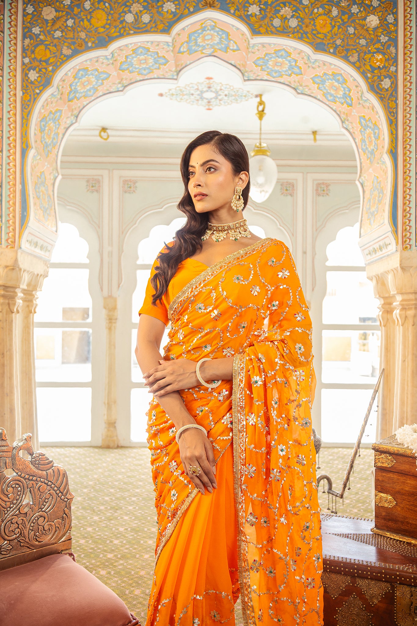 Yellow Kesariya Pure Chiffon Gota Patti Jaal  Handwork Saree