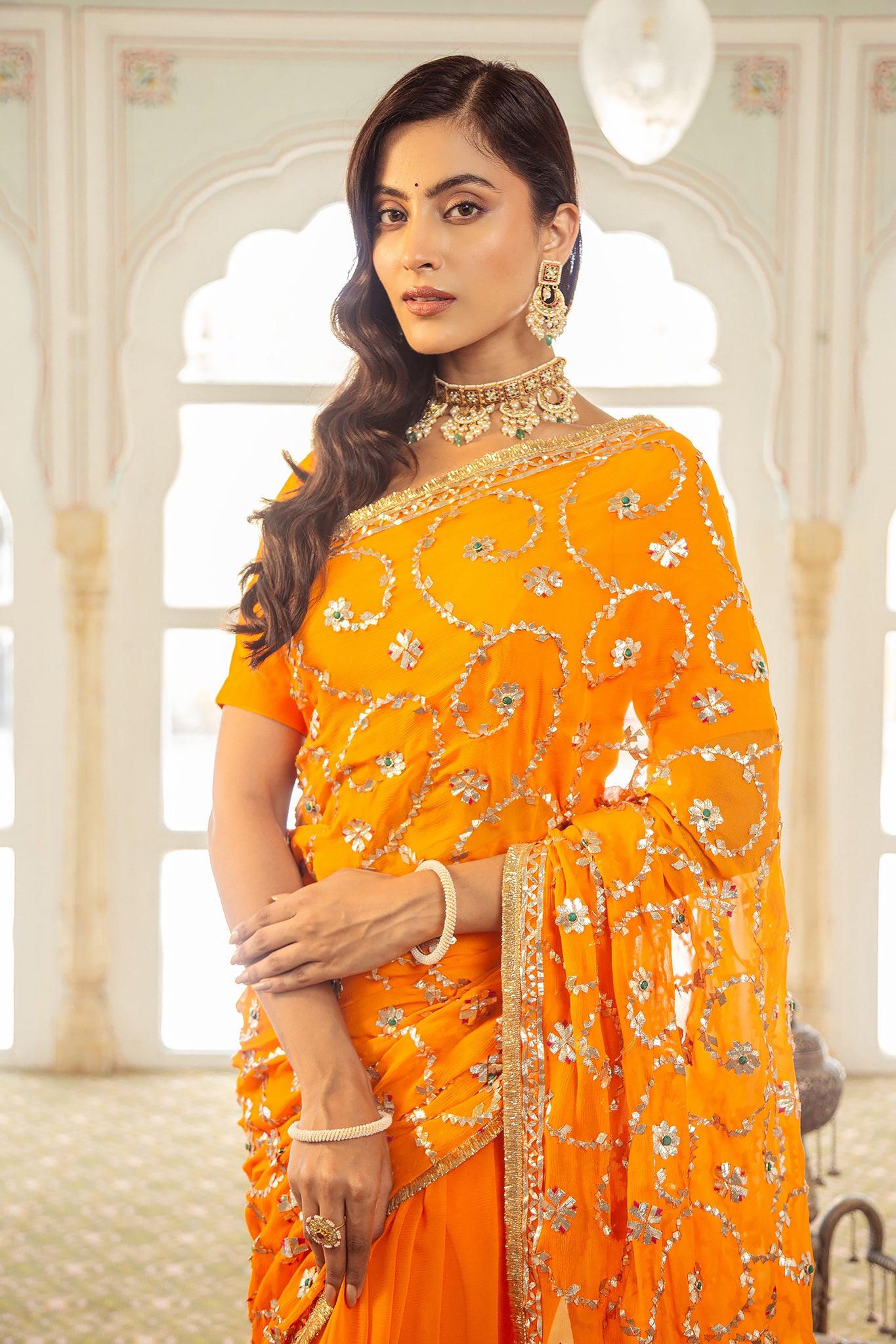 Yellow Kesariya Pure Chiffon Gota Patti Jaal  Handwork Saree