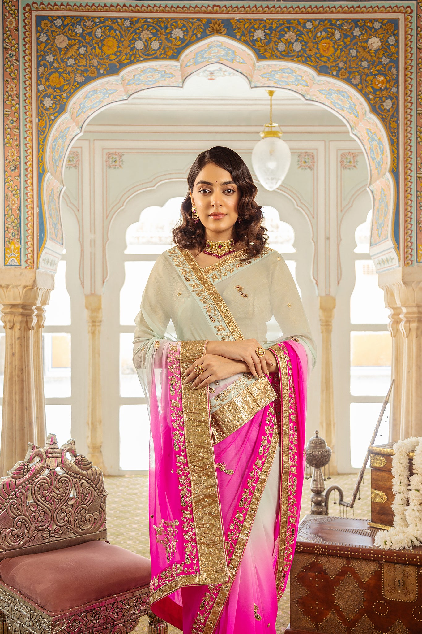 Pink Mint Shaded Pure Chiffon Copper Laffa Zardozi Salma Handwork  Saree