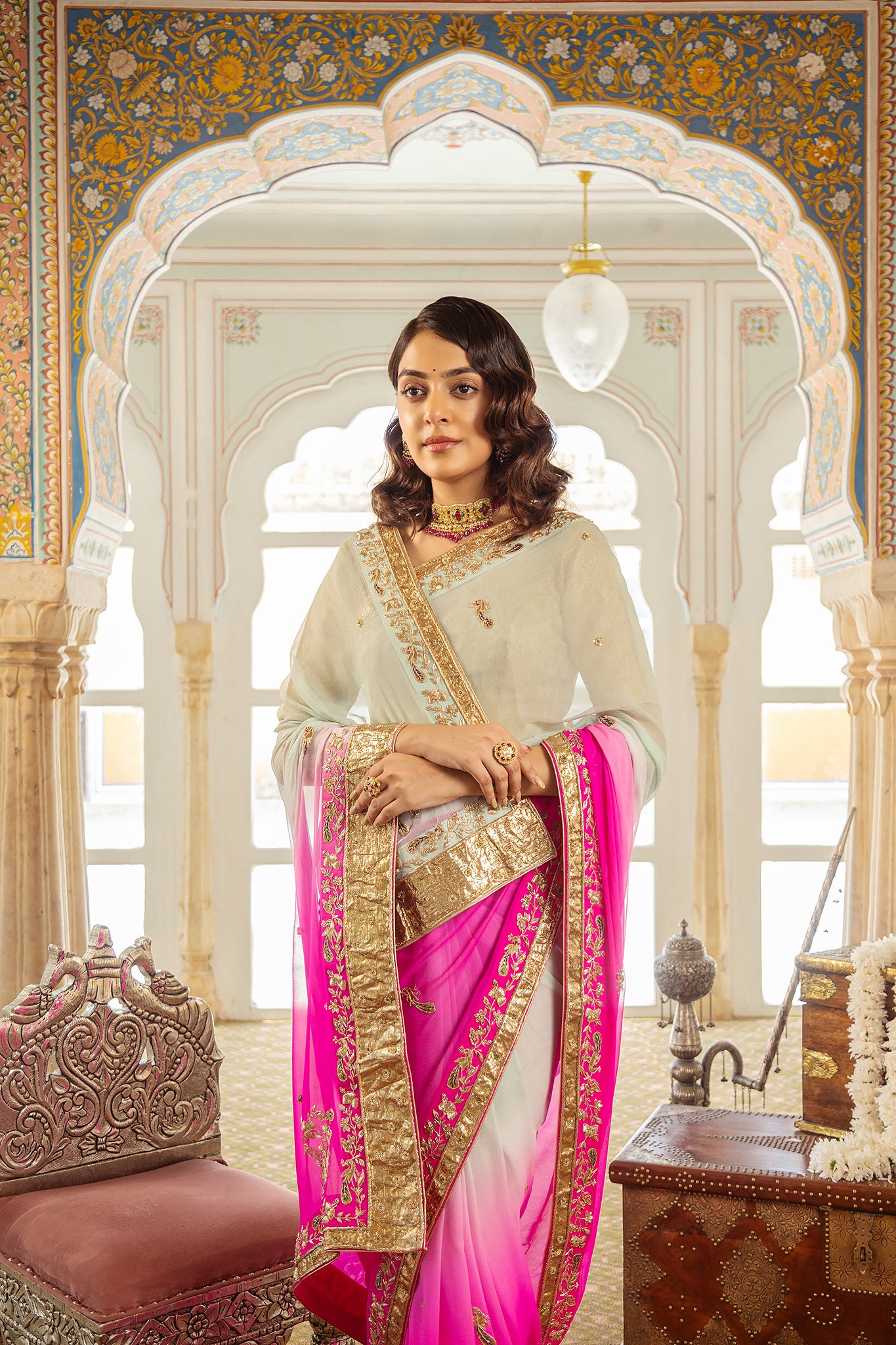 Pink Mint Shaded Pure Chiffon Copper Laffa Zardozi Salma Handwork  Saree