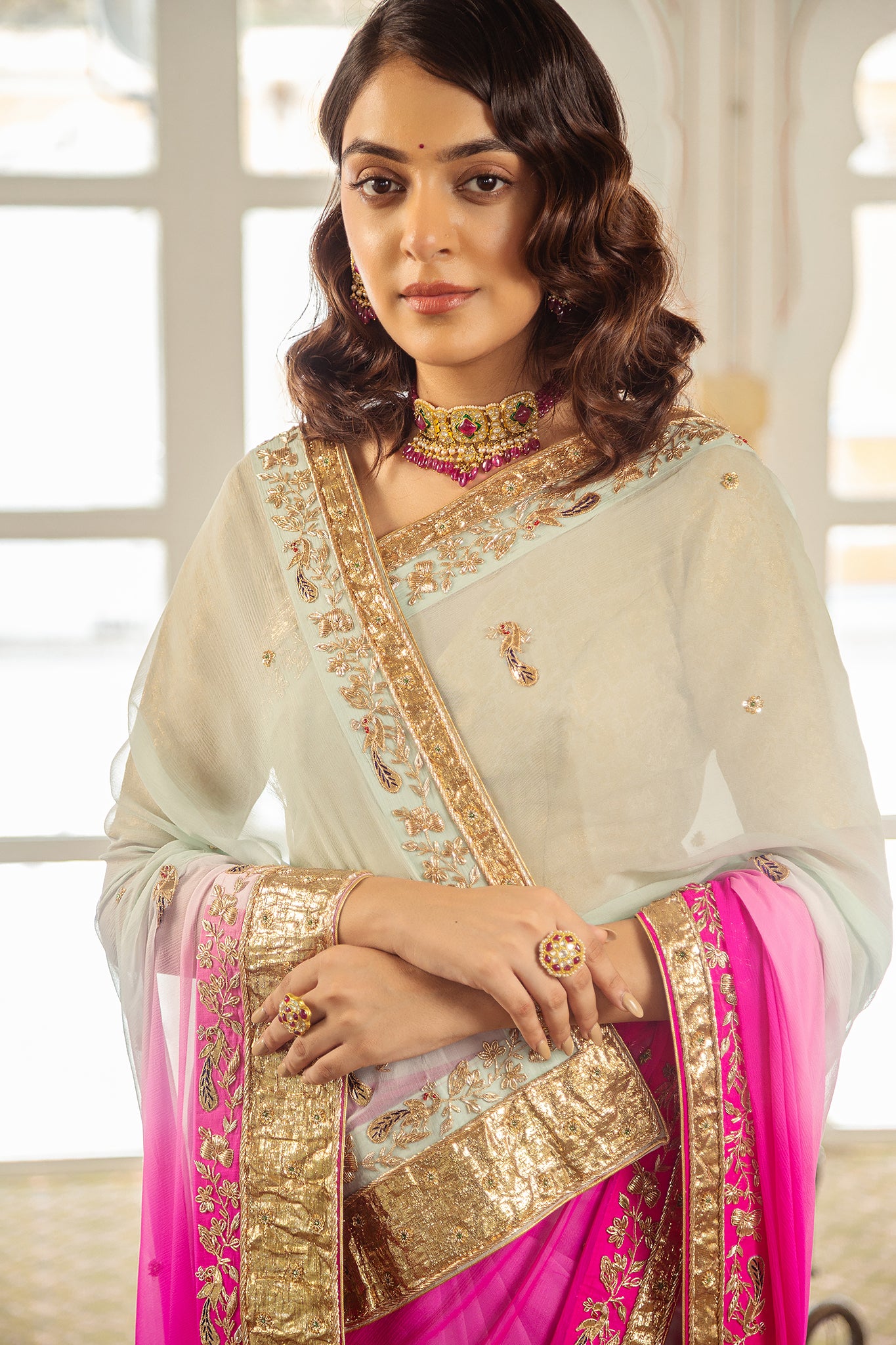 Pink Mint Shaded Pure Chiffon Copper Laffa Zardozi Salma Handwork  Saree