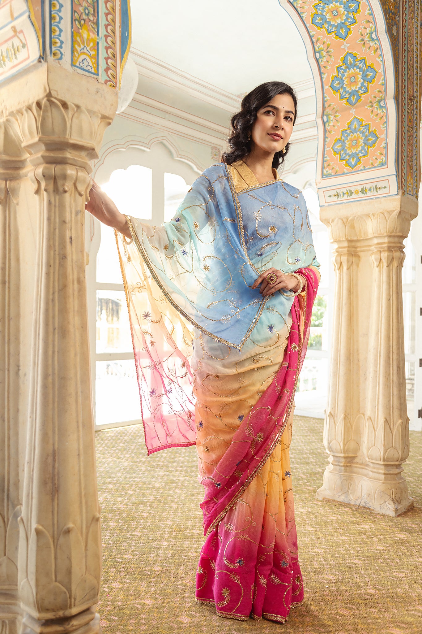 Rani Sky Shaded Pure Chiffon Aari Tari Handwork  Saree