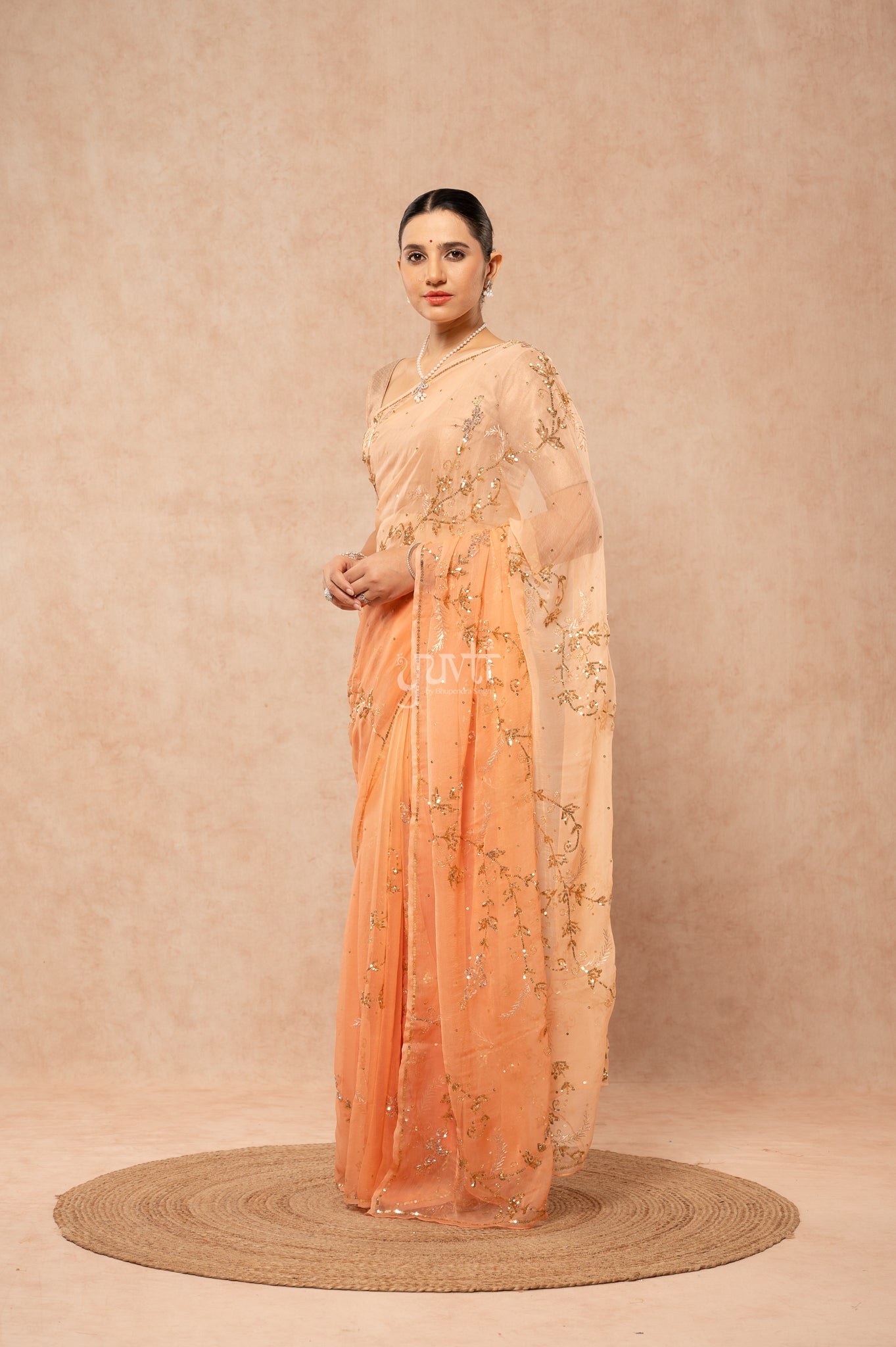 Peach Shaded Viscose Chiffon Aari Sequins Kardana Jaal  Handwork  Saree  with Blouse
