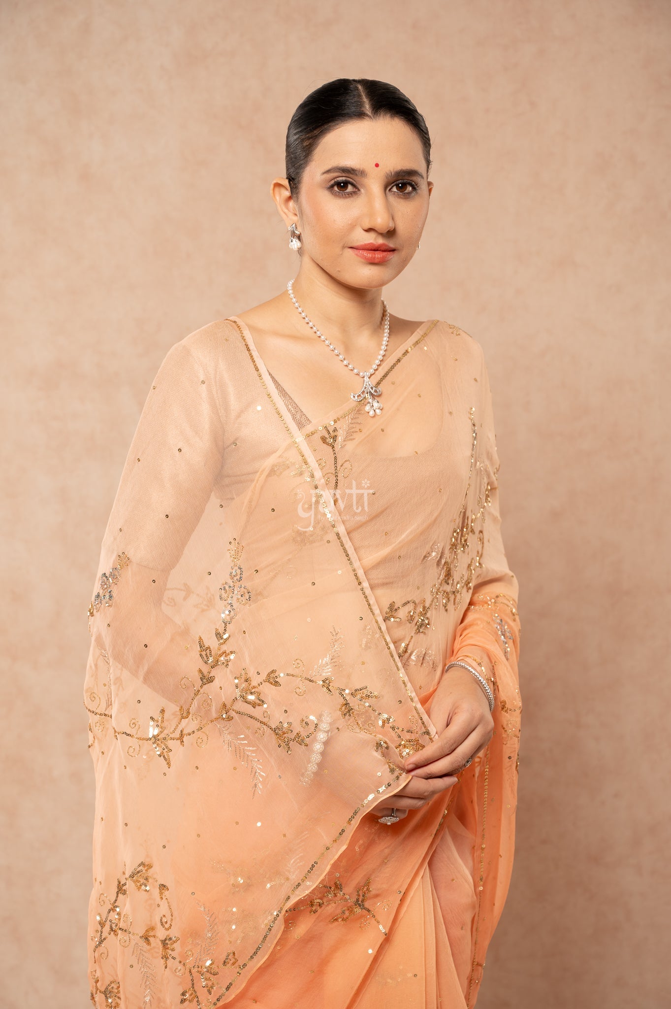 Peach Shaded Viscose Chiffon Aari Sequins Kardana Jaal  Handwork  Saree  with Blouse