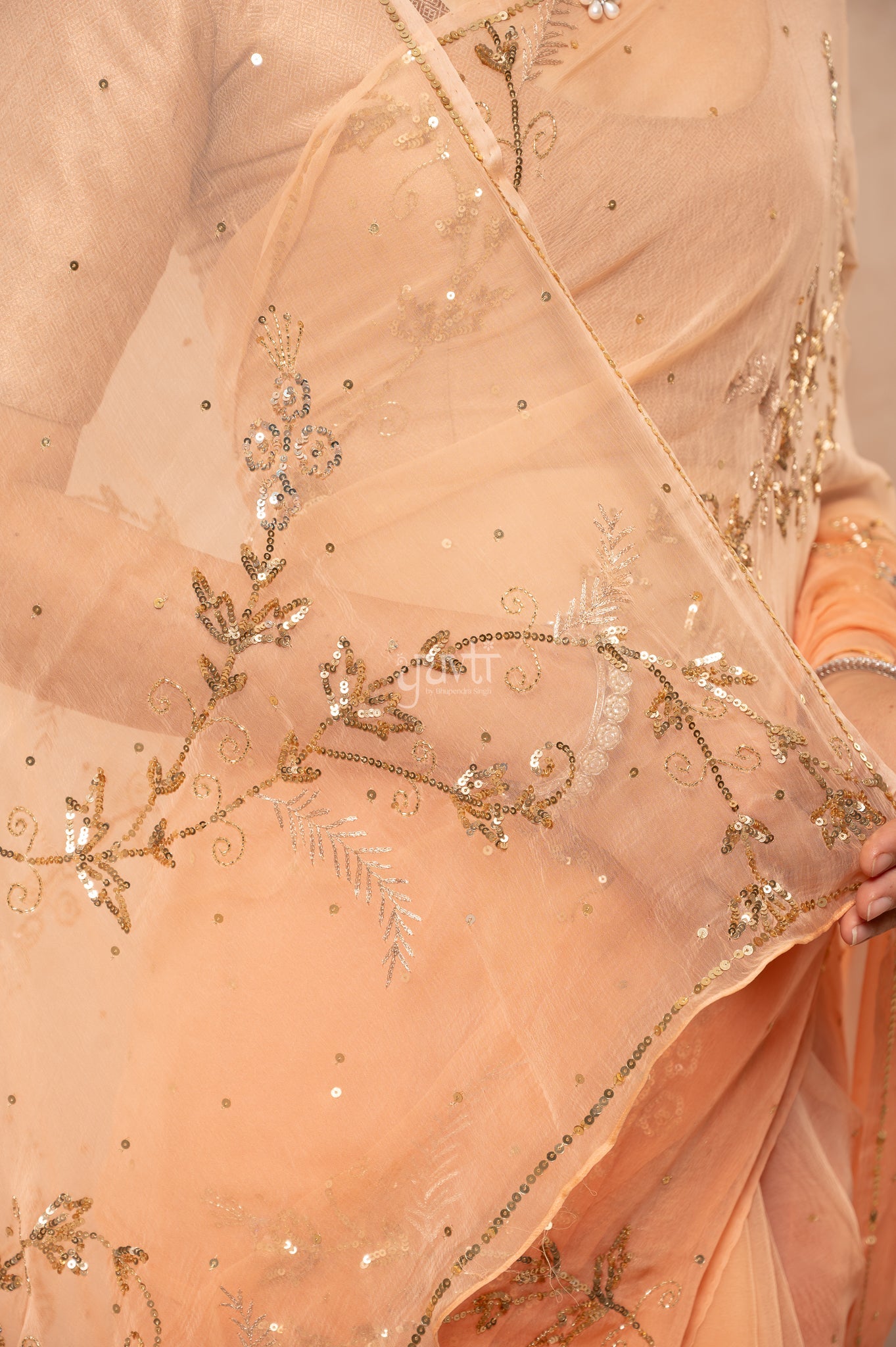 Peach Shaded Viscose Chiffon Aari Sequins Kardana Jaal  Handwork  Saree  with Blouse