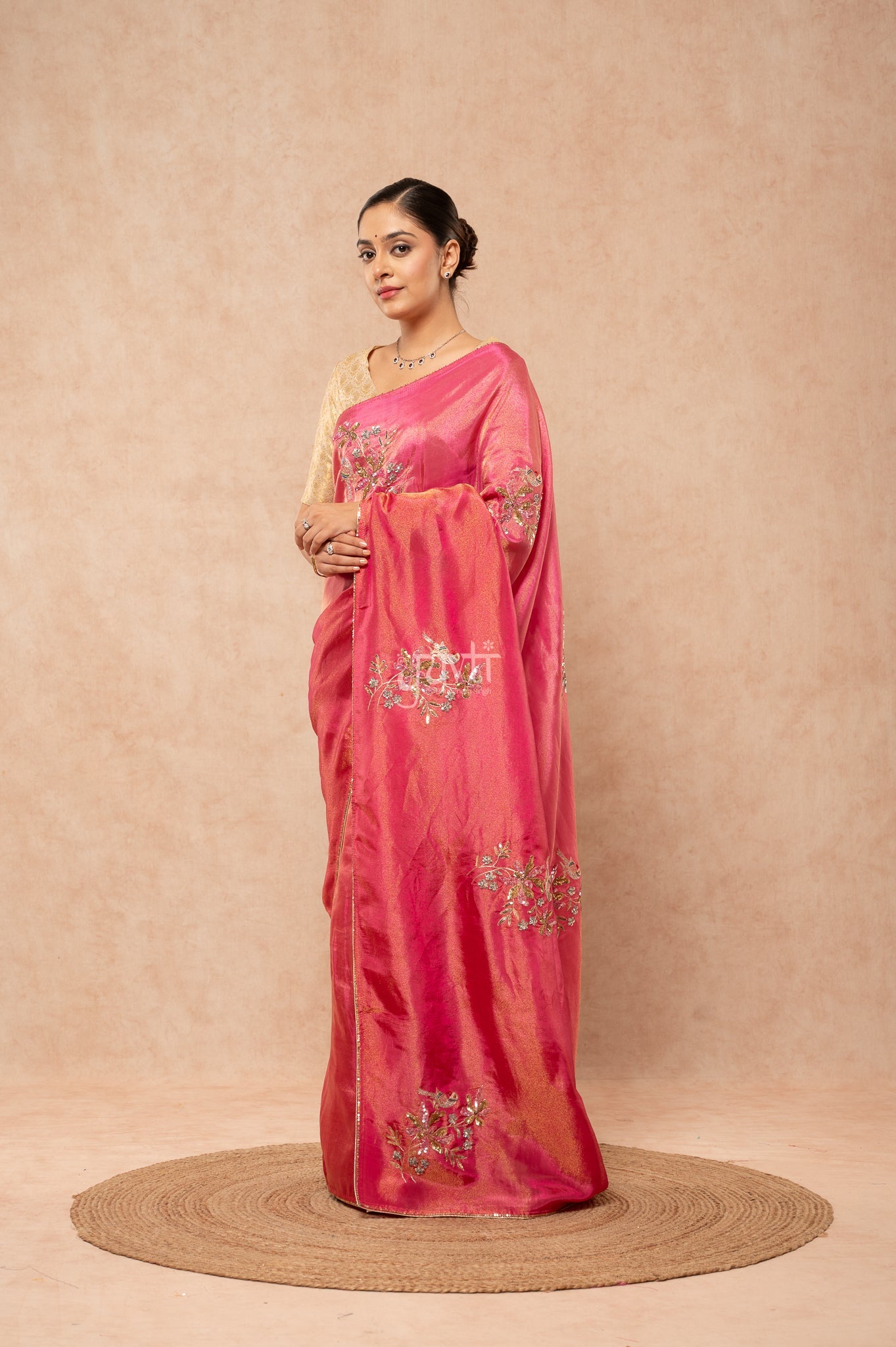 Rani Viscose Tissue Aari Sequins Motifs ( Butti ) Handwork Party  Saree