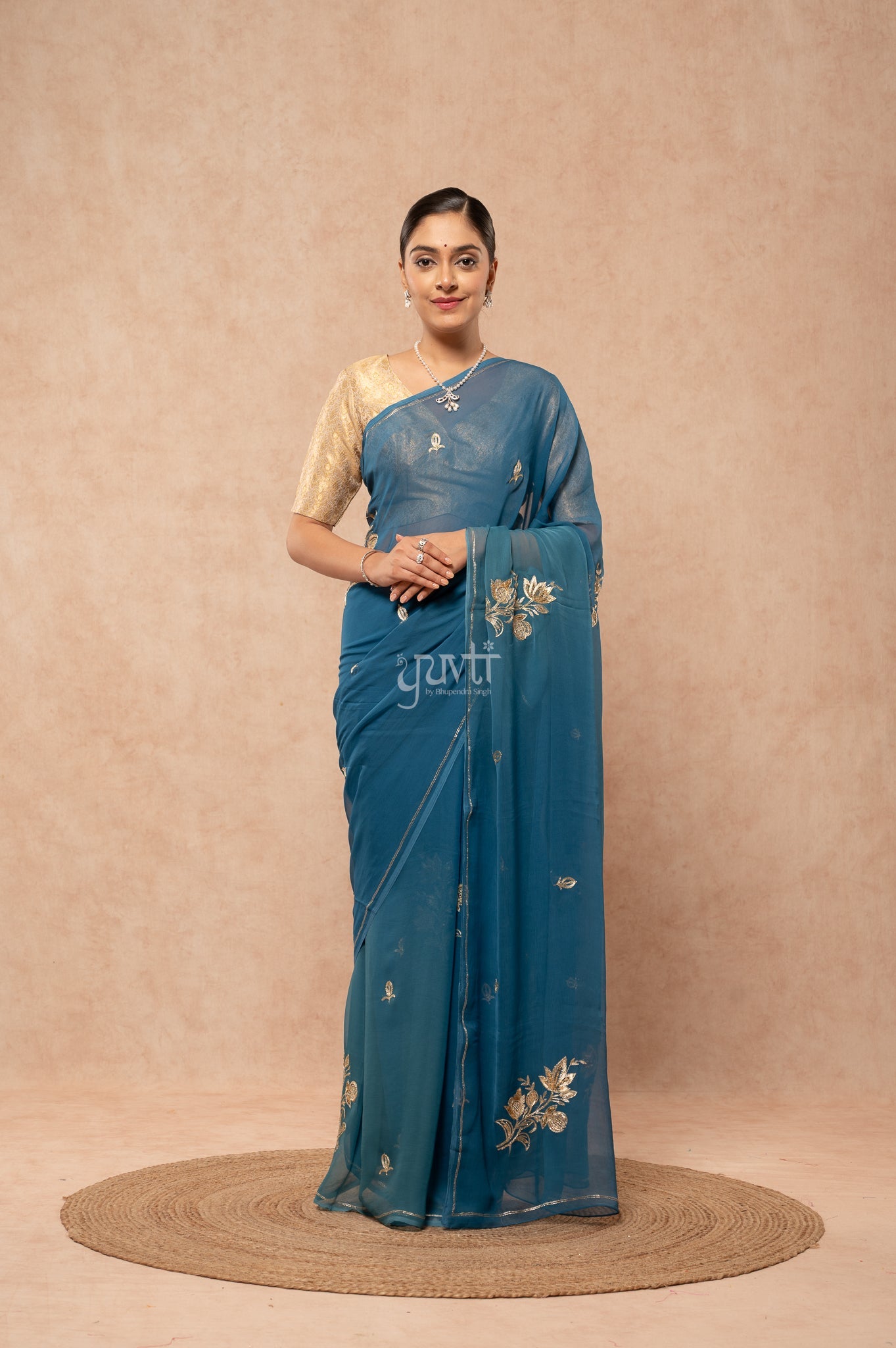 Rama Blue Viscose Chiffon Aari Sequins Cut-work Motif (Butti) all Over Handwork  Saree  with Blouse