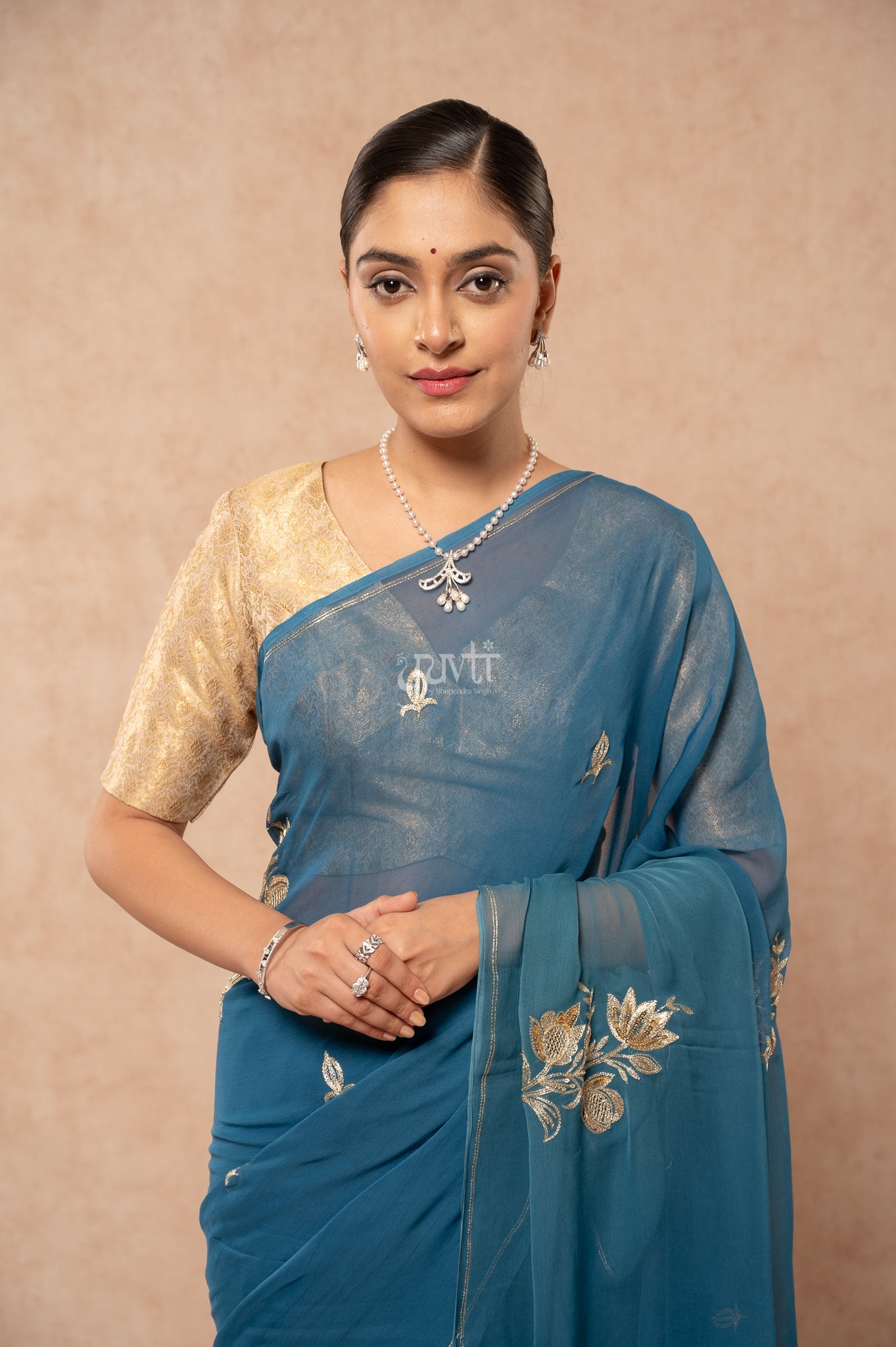 Rama Blue Viscose Chiffon Aari Sequins Cut-work Motif (Butti) all Over Handwork  Saree  with Blouse