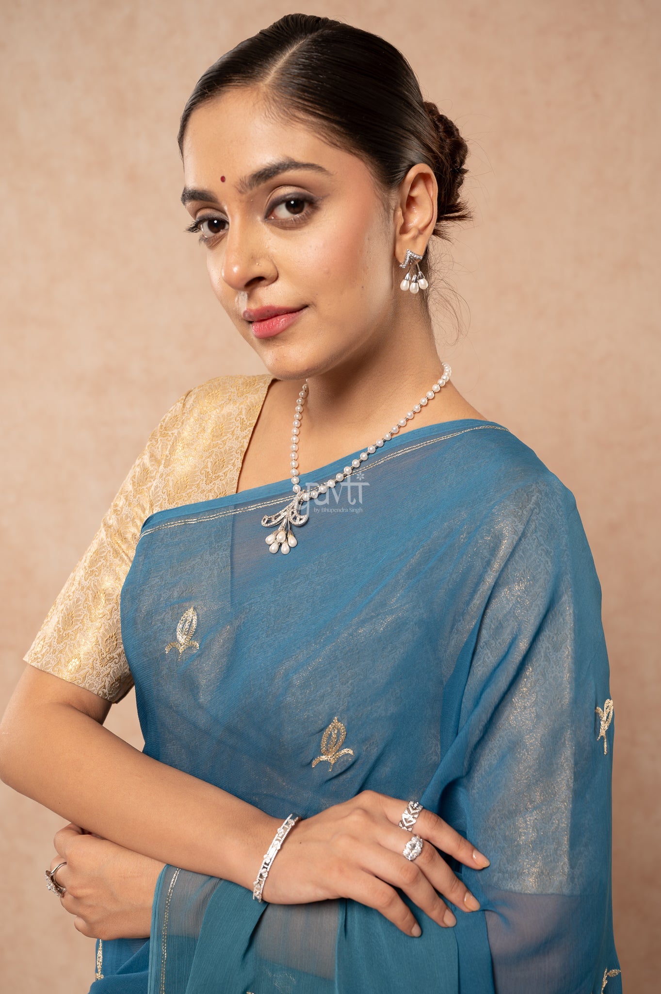 Rama Blue Viscose Chiffon Aari Sequins Cut-work Motif (Butti) all Over Handwork  Saree  with Blouse