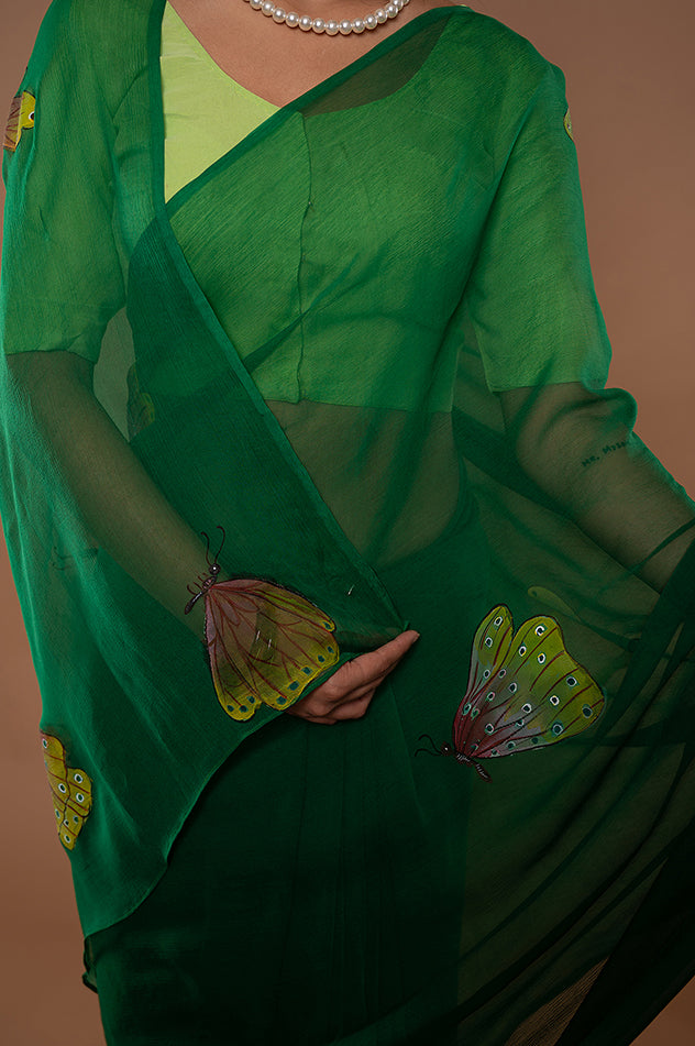 Viscose Chiffon Green Handpainted Saree