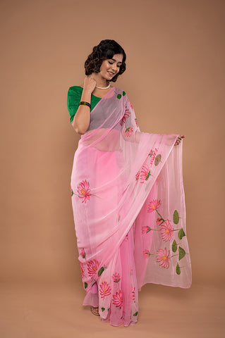 Viscose Chiffon Pink Handpainted Saree