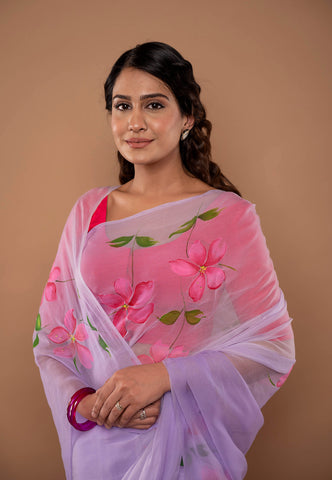 Viscose Chiffon Lavender Handpainted Saree