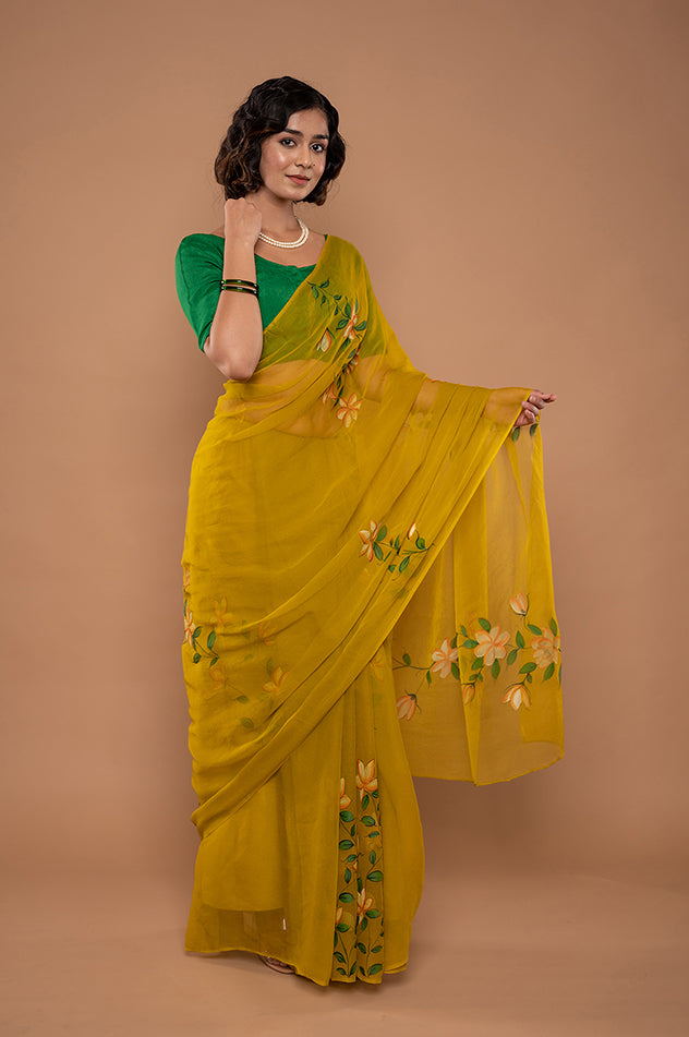 dark mustard yellow viscose chiffon hand painted handwork saree