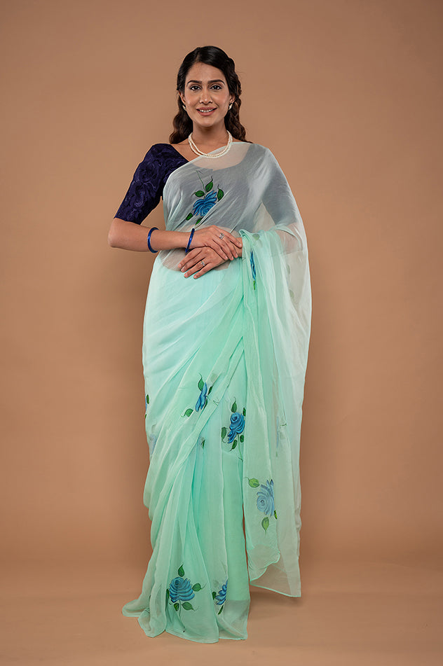 Viscose Chiffon Sky Handpainted Saree