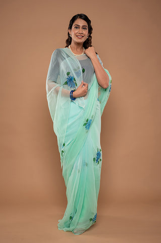 Viscose Chiffon Sky Handpainted Saree