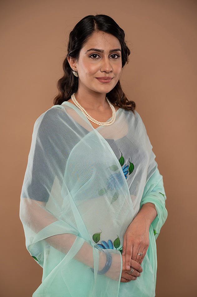 Viscose Chiffon Sky Handpainted Saree