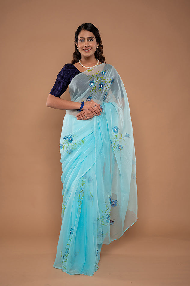 Viscose Chiffon Sky Handpainted Saree