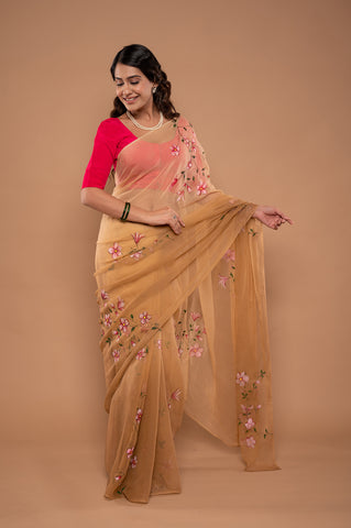 Viscose Chiffon Sand Hand Painted Saree