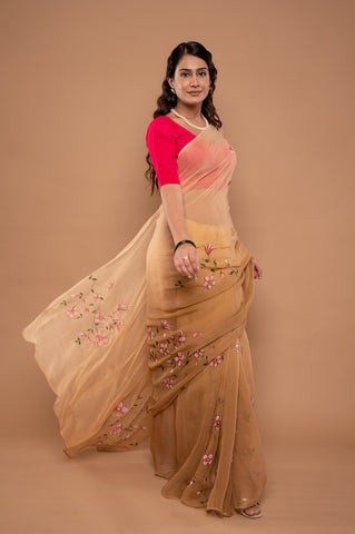 Viscose Chiffon Sand Hand Painted Saree