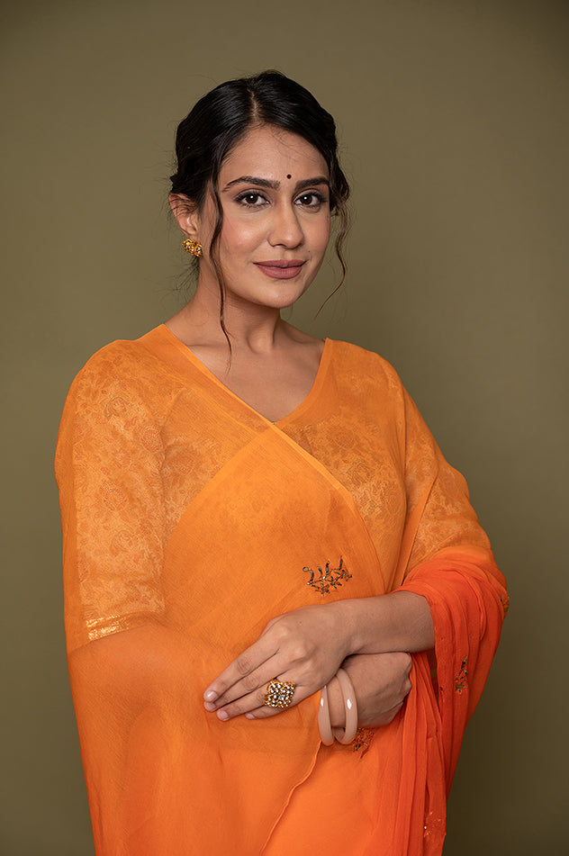 Viscose Chiffon Orange Mukesh Saree