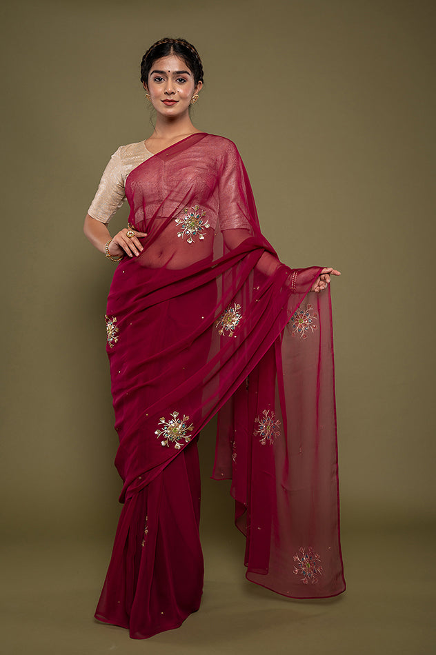 Viscose Chiffon Wine Butta Work Saree