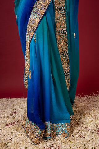 Bridal peacock Blue Pure Chiffon Saree