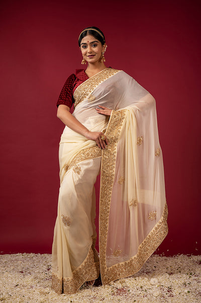 Bridal Cream Pure Chiffon Saree