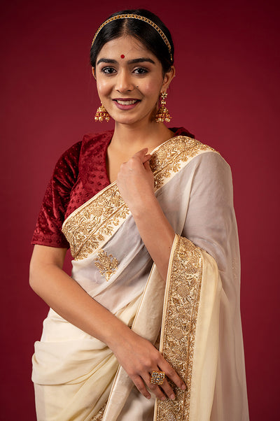 Bridal Cream Pure Chiffon Saree
