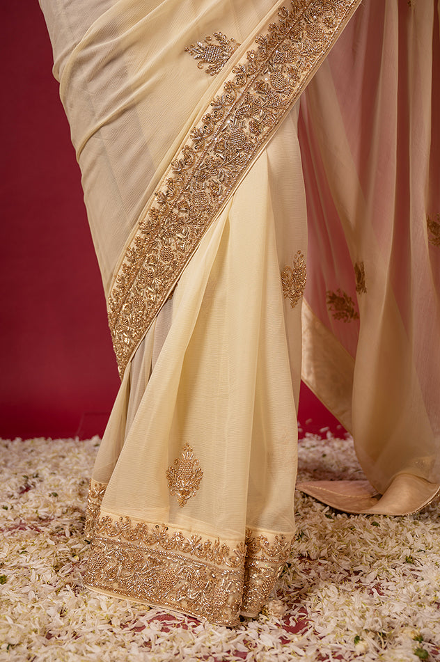 Bridal Cream Pure Chiffon Saree