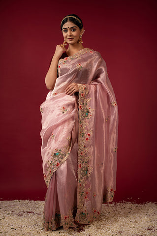 Pink Tissue Resham French knots Work Saree