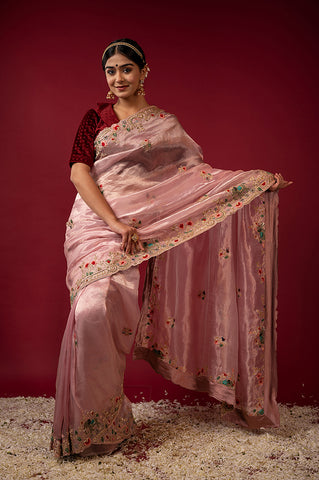 Pink Tissue Resham French knots Work Saree