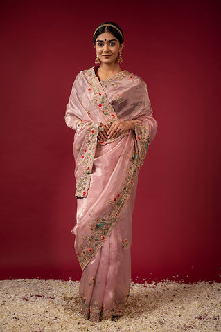 Pink Tissue Resham French knots Work Saree