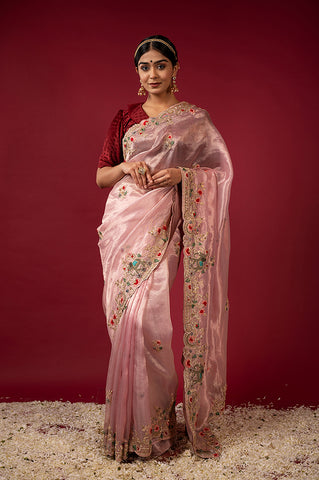 Pink Tissue Resham French knots Work Saree