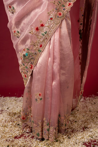 Pink Tissue Resham French knots Work Saree