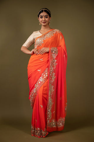 Tangerine Cutt Work Pure Chiffon Saree