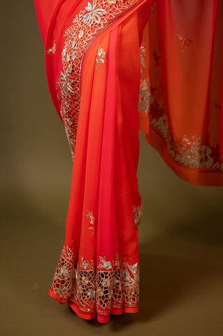 Tangerine Cutt Work Pure Chiffon Saree