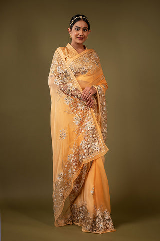 Pistachio Pure Chiffon Cutt Work Saree