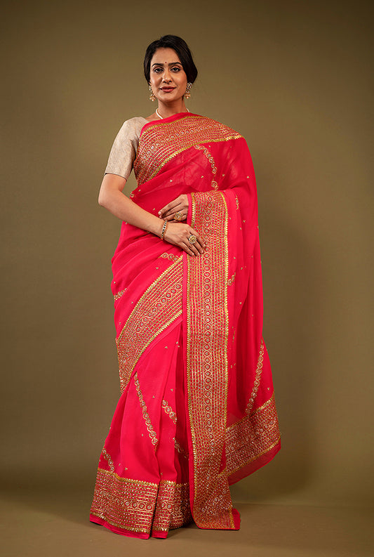 Pure Chiffon Sikhiya Work Saree