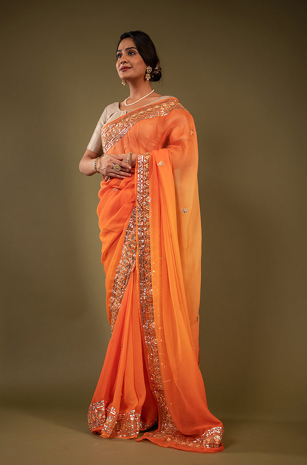Orange pure chiffon gota patti border butti handwork saree