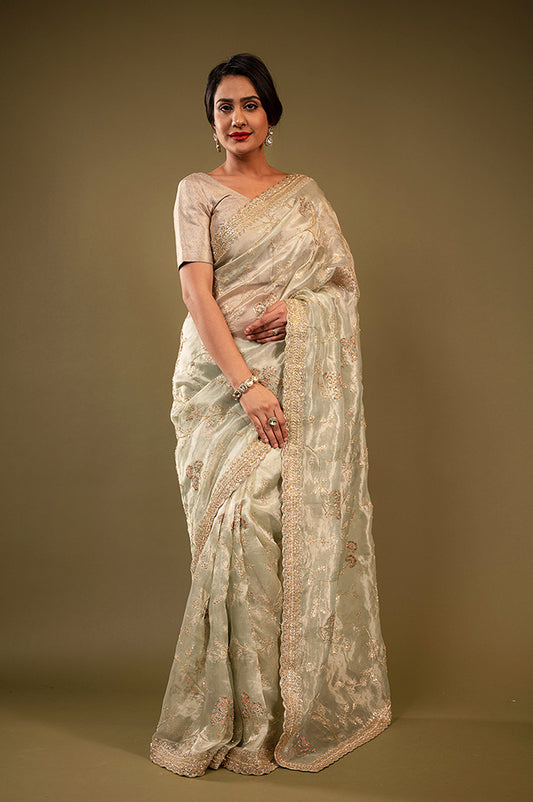 Green Resham Knots Mix work Organza Saree