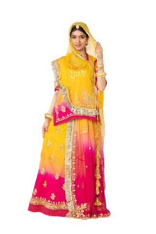 Mustard Yellow & Rani Pink Danka Gota Patti Crepe Poshak - Yuvti