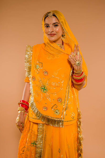 Aari Tari Multi Resam Yellow Rajputi Poshak