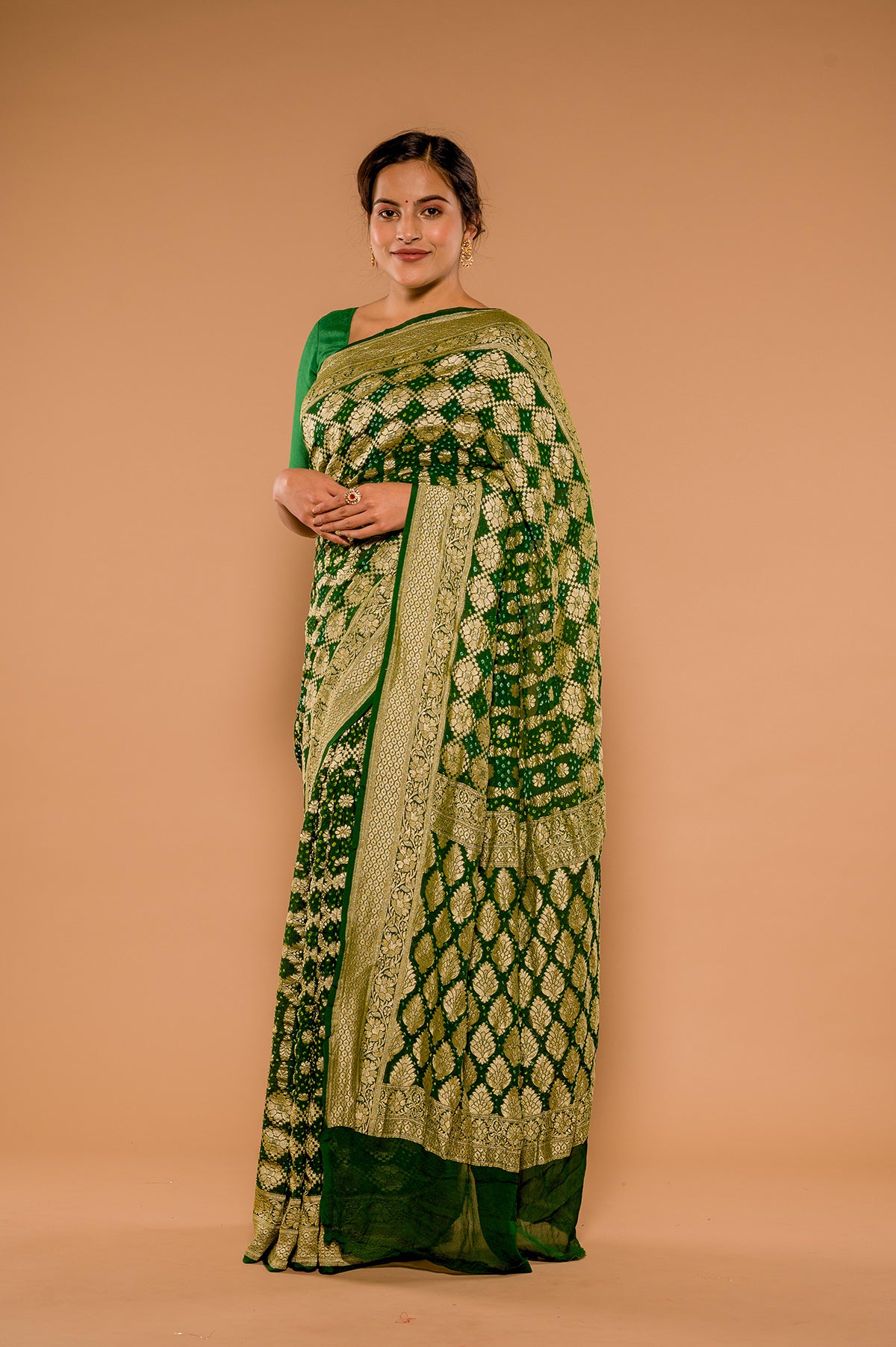 Bandhej Zari Weaving Bottle Green Gorgette Saree