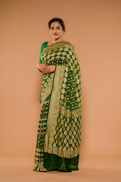 Bandhej Zari Weaving Bottle Green Gorgette Saree