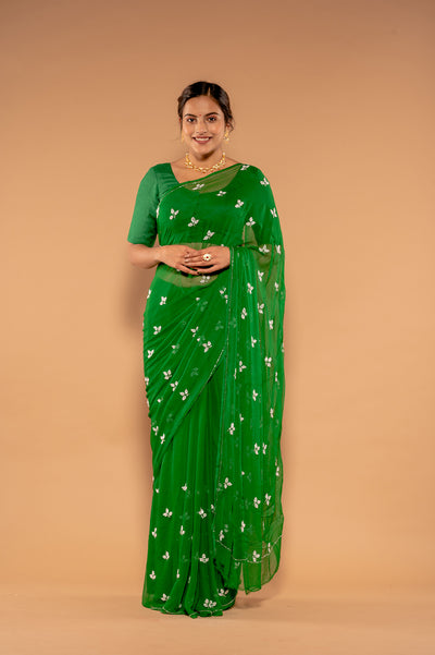 Moti Kardana Green Viscose Chiffon Saree