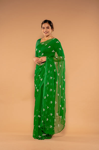 Moti Kardana Green Viscose Chiffon Saree