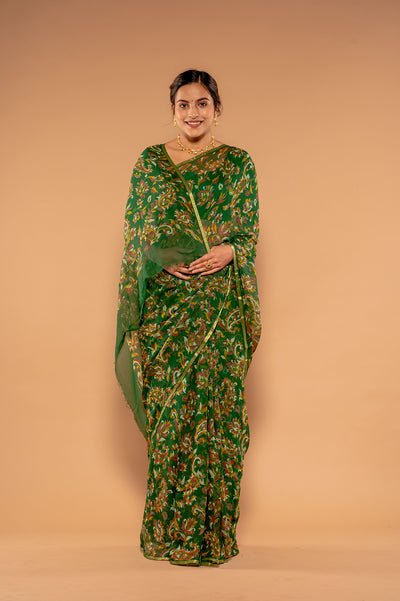 Printed Green Viscose Chiffon Saree